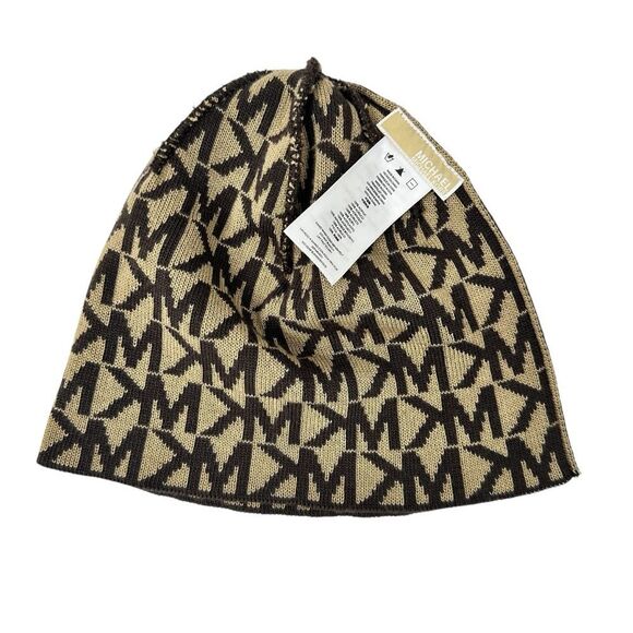 MICHAEL KORS Women's Brown Knit Monogram MK Signature Logo Beanie Hat - Picture 3 of 4